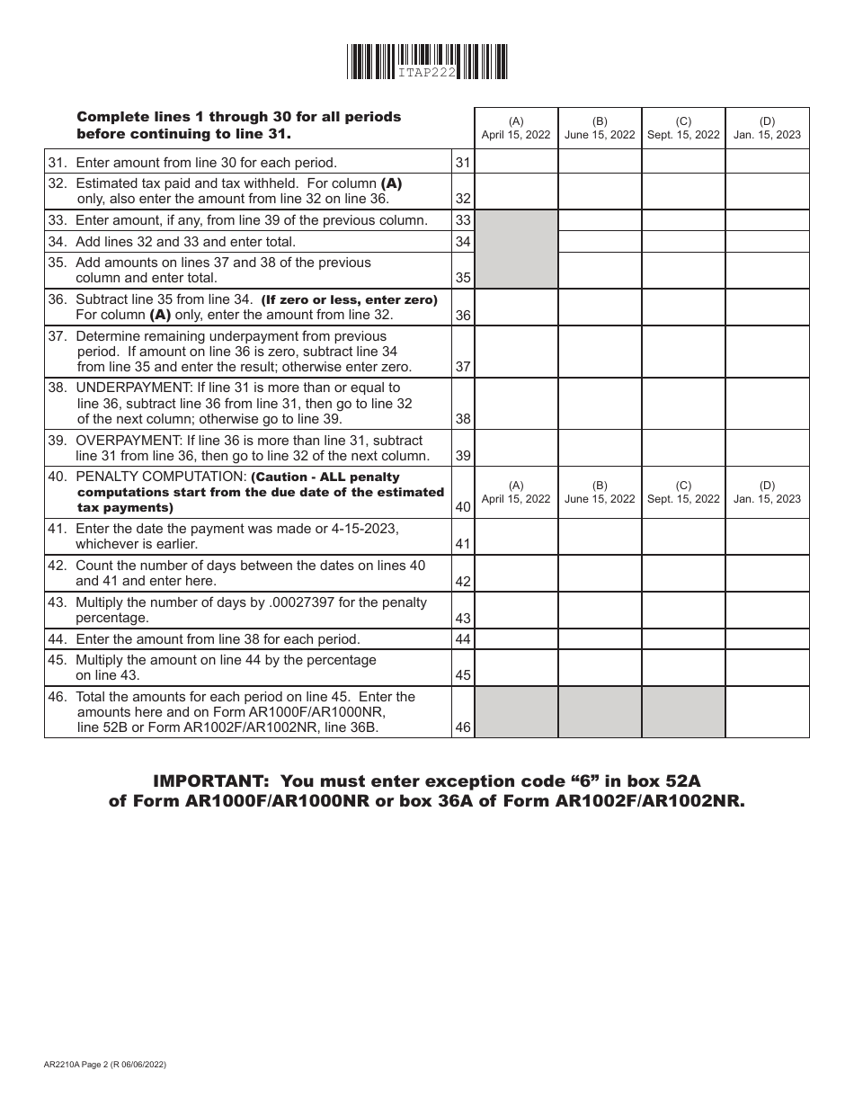 Form AR2210A Arkansas Individual Income Tax - Annualized Penalty for Underpayment of Estimated Income Tax - Arkansas, Page 2