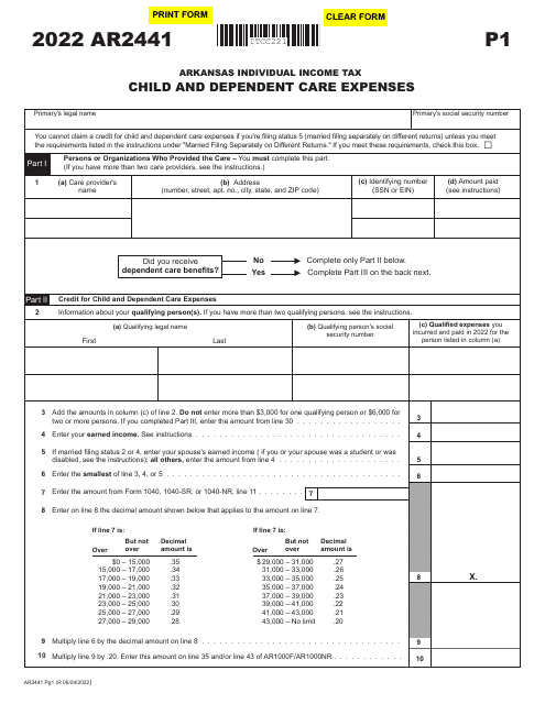 Form AR2441 Child and Dependent Care Expenses - Arkansas, 2022