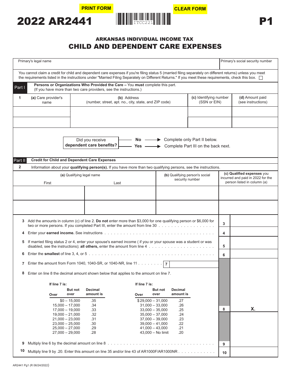 Form AR2441 Child and Dependent Care Expenses - Arkansas, Page 1