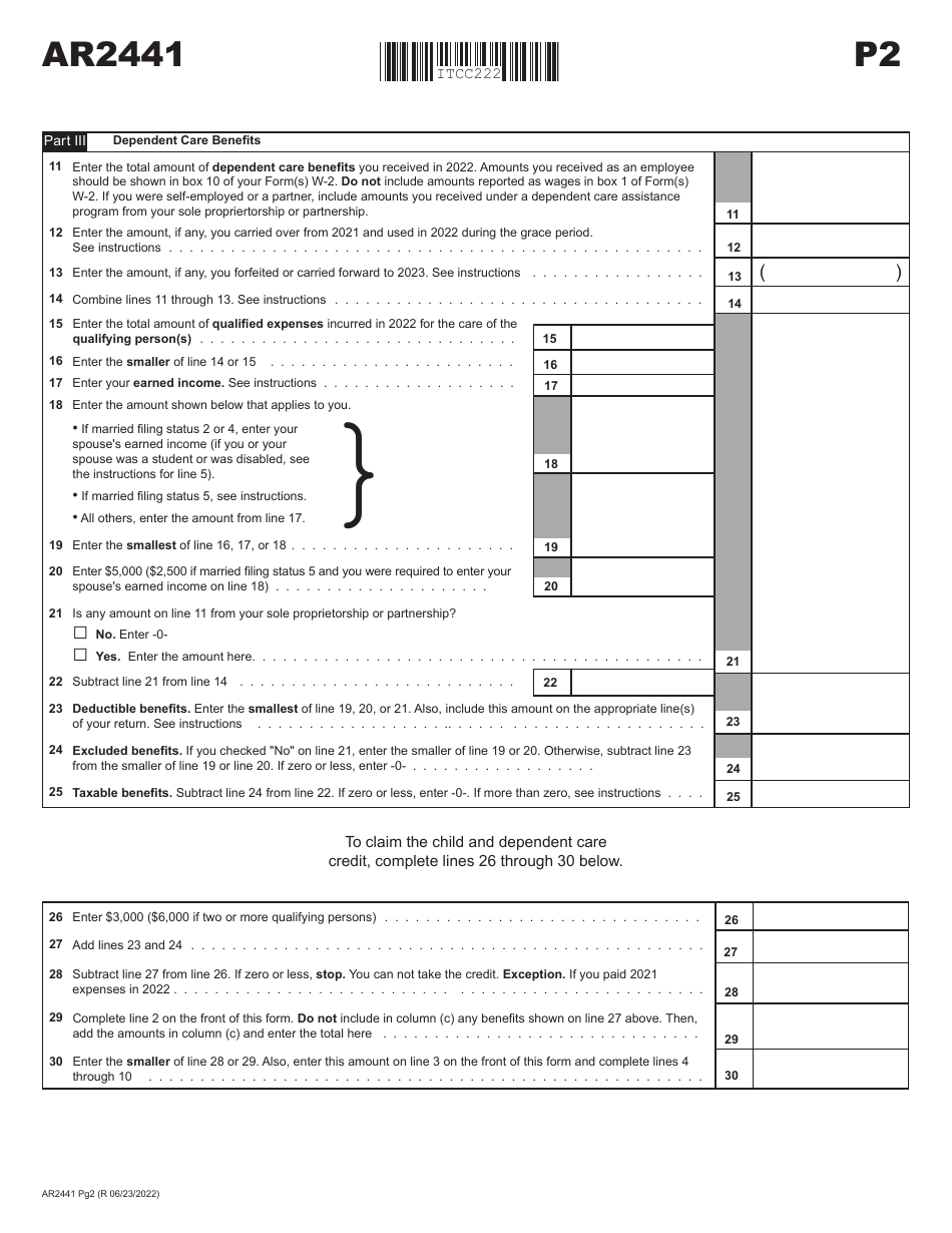 Form AR2441 Child and Dependent Care Expenses - Arkansas, Page 2