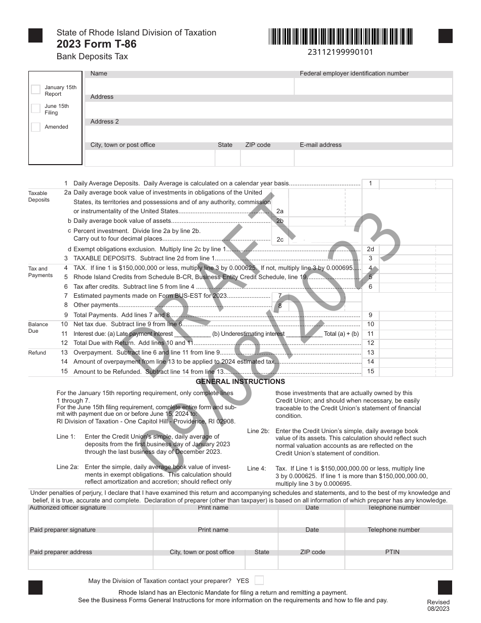 Form T-86 Bank Deposits Tax - Draft - Rhode Island, Page 1