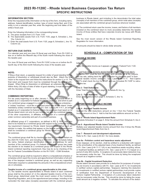 Instructions for Form RI-1120C Business Corporation Tax Return - Draft - Rhode Island, 2023