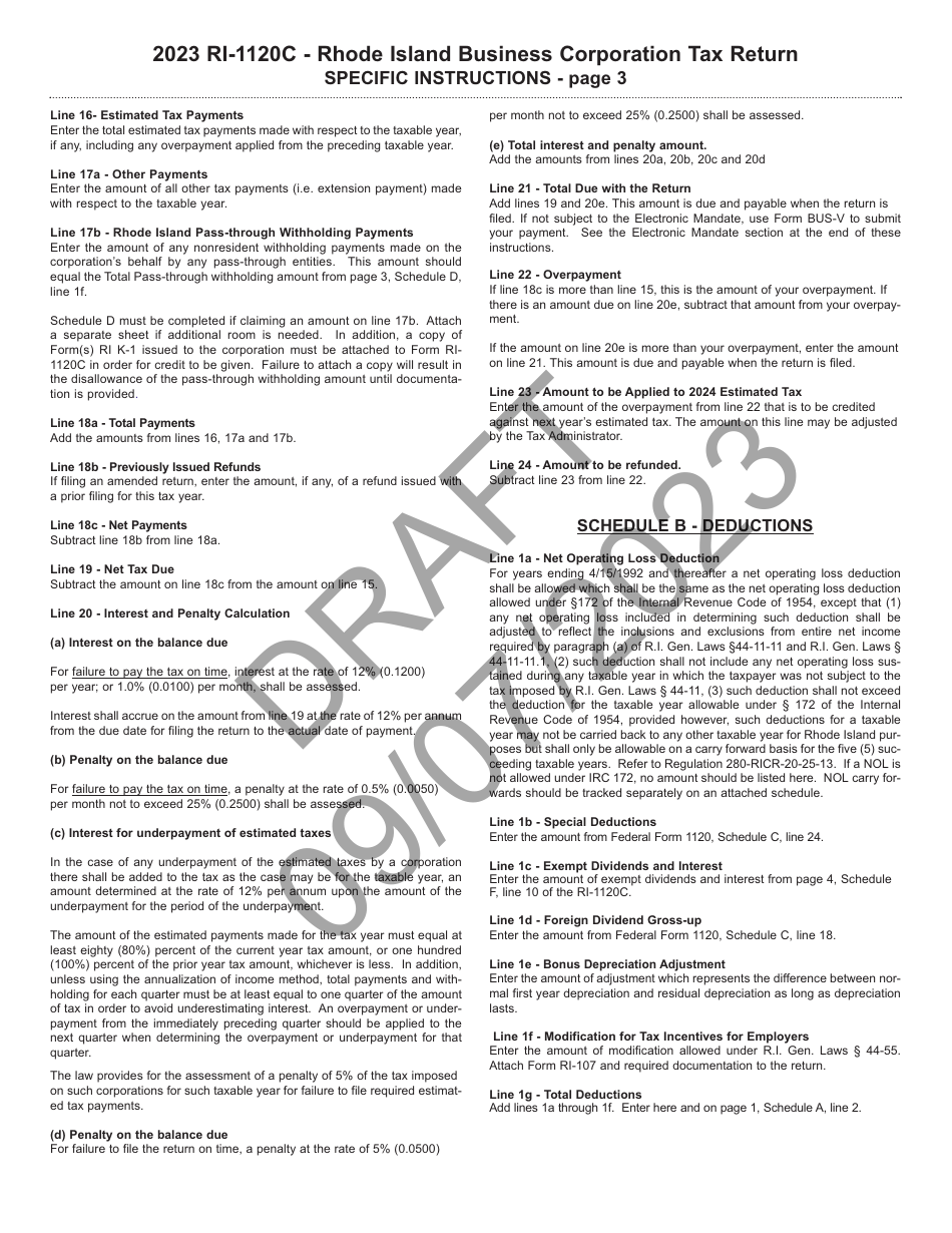 Instructions for Form RI-1120C Business Corporation Tax Return - Draft - Rhode Island, Page 3