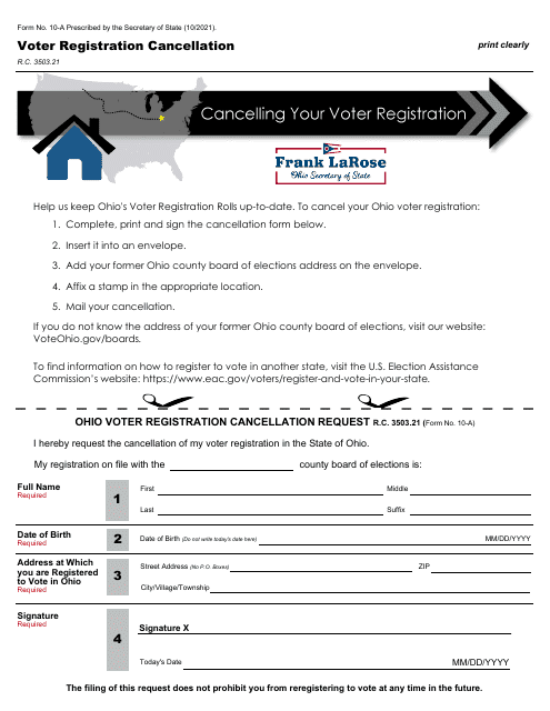 Form 10-A Voter Registration Cancellation - Ohio