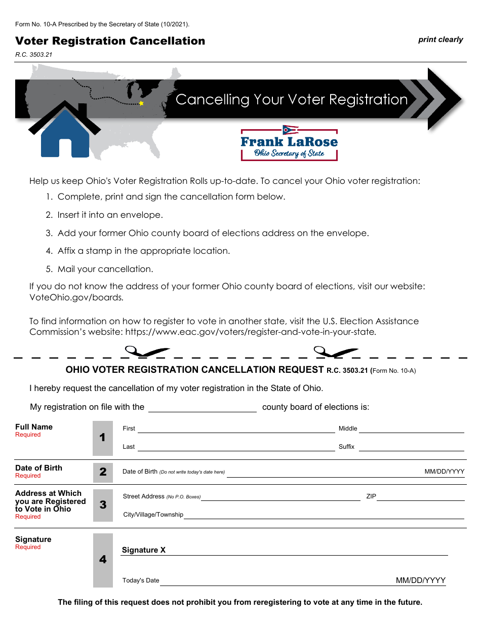 Form 10-A Voter Registration Cancellation - Ohio, Page 1