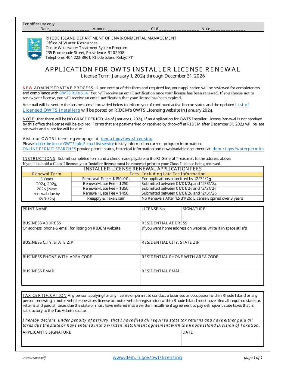 Application for Owts Installer License Renewal - Rhode Island, Page 1