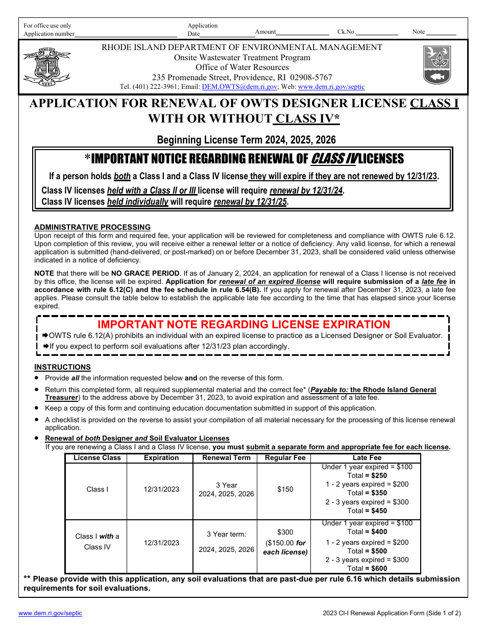 Application for Renewal of Owts Designer License Class I With or Without Class Iv - Rhode Island, Page 1
