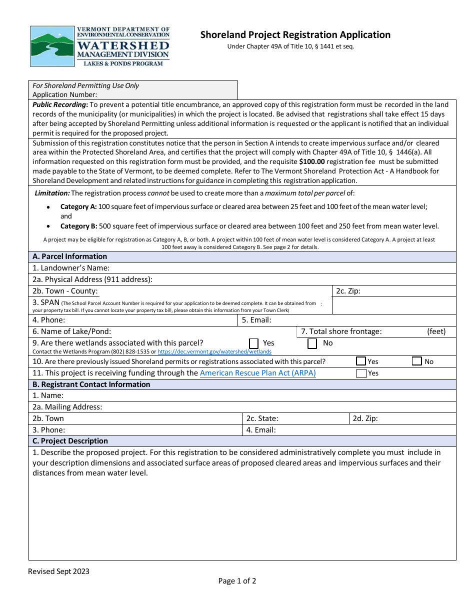 Shoreland Project Registration Application - Vermont, Page 1