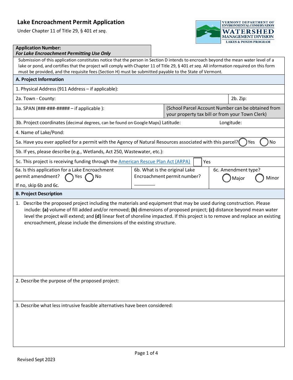 Lake Encroachment Permit Application - Vermont, Page 1