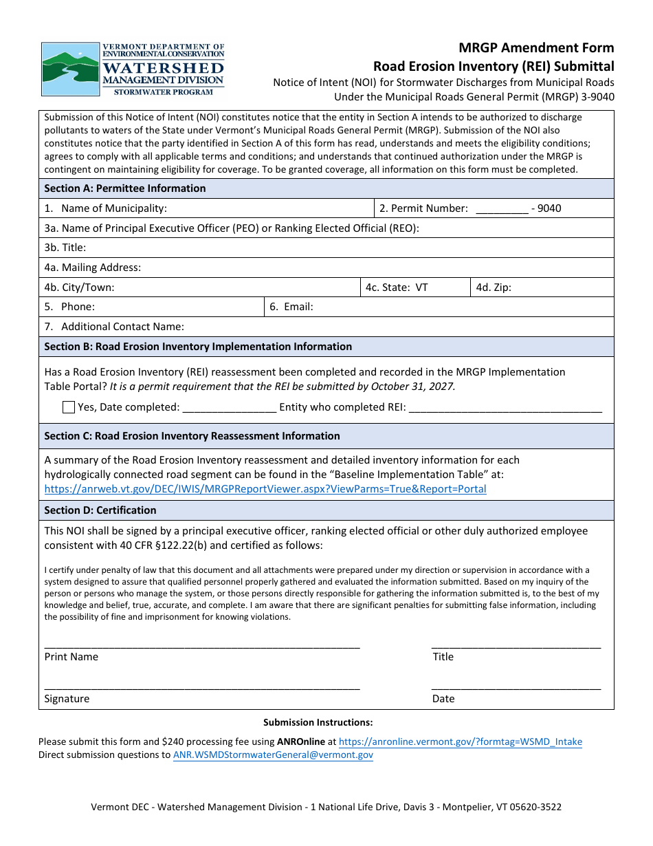 Mrgp Amendment Form - Road Erosion Inventory (Rei) Submittal - Notice of Intent (Noi) for Stormwater Discharges From Municipal Roads Under the Municipal Roads General Permit (Mrgp) 3-9040 - Vermont, Page 1