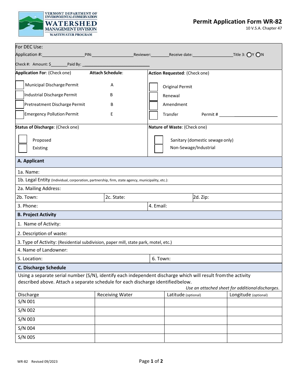 Form WR-82 Permit Application Form - Vermont, Page 1