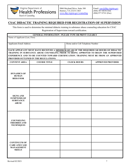 Csac Didactic Training Required for Registration of Supervision - Virginia Download Pdf