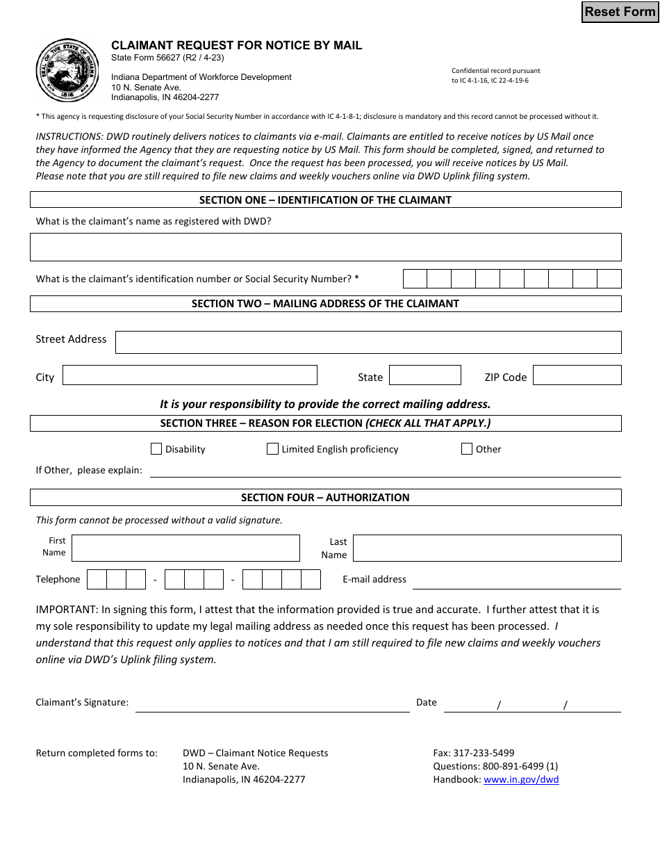 State Form 56627 Claimant Request for Notice by Mail - Indiana, Page 1