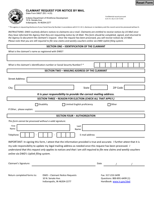 State Form 56627 Claimant Request for Notice by Mail - Indiana