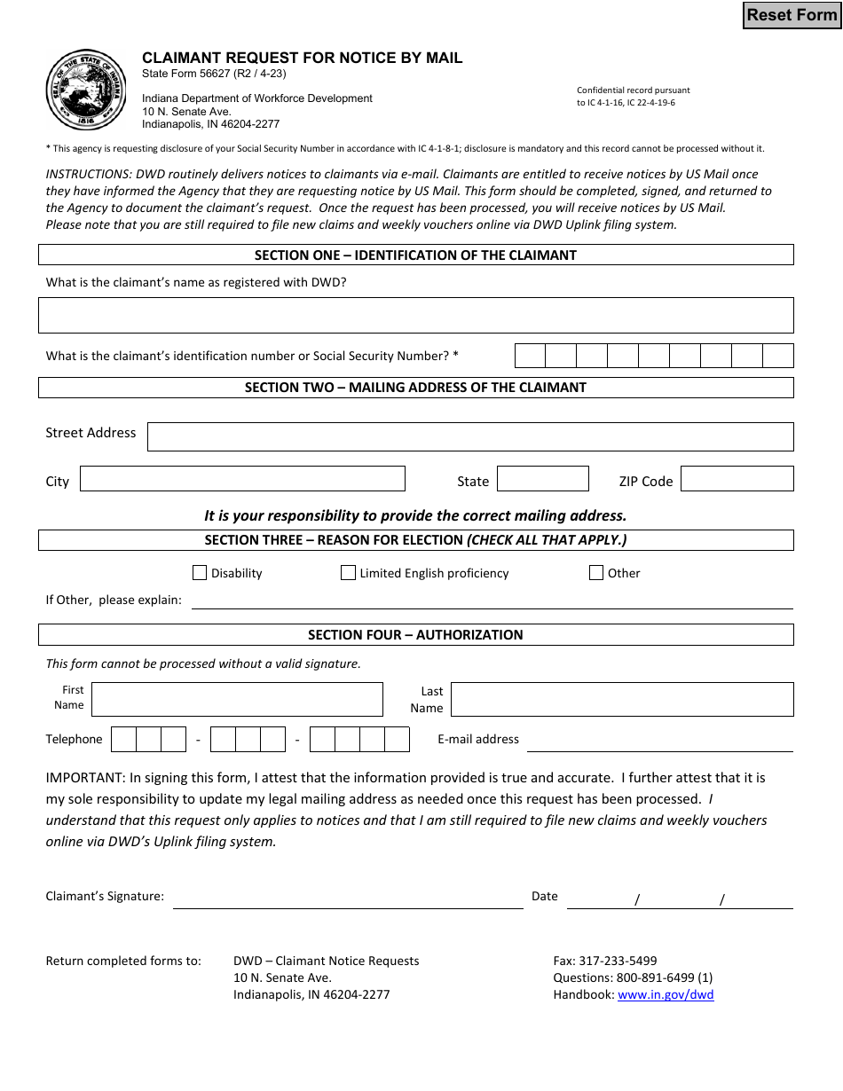 State Form 56627 Download Fillable PDF or Fill Online Claimant Request ...