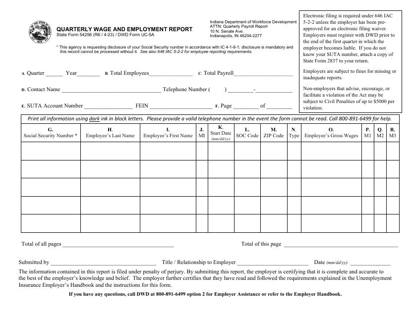 State Form 54256 (DWD Form UC-5A)  Printable Pdf