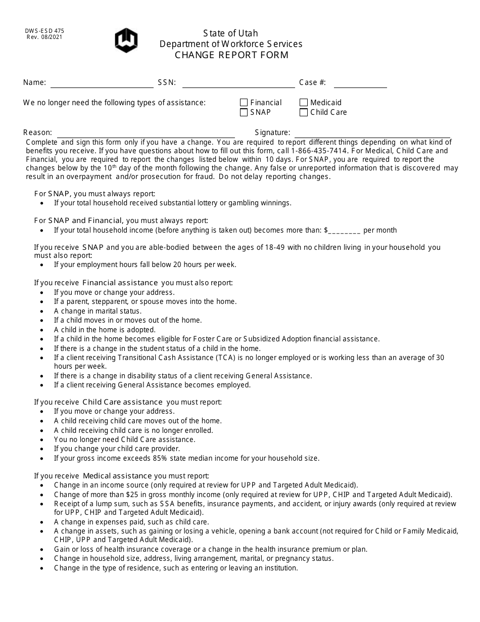 Form DWS-ESD475 Change Report Form - Utah, Page 1