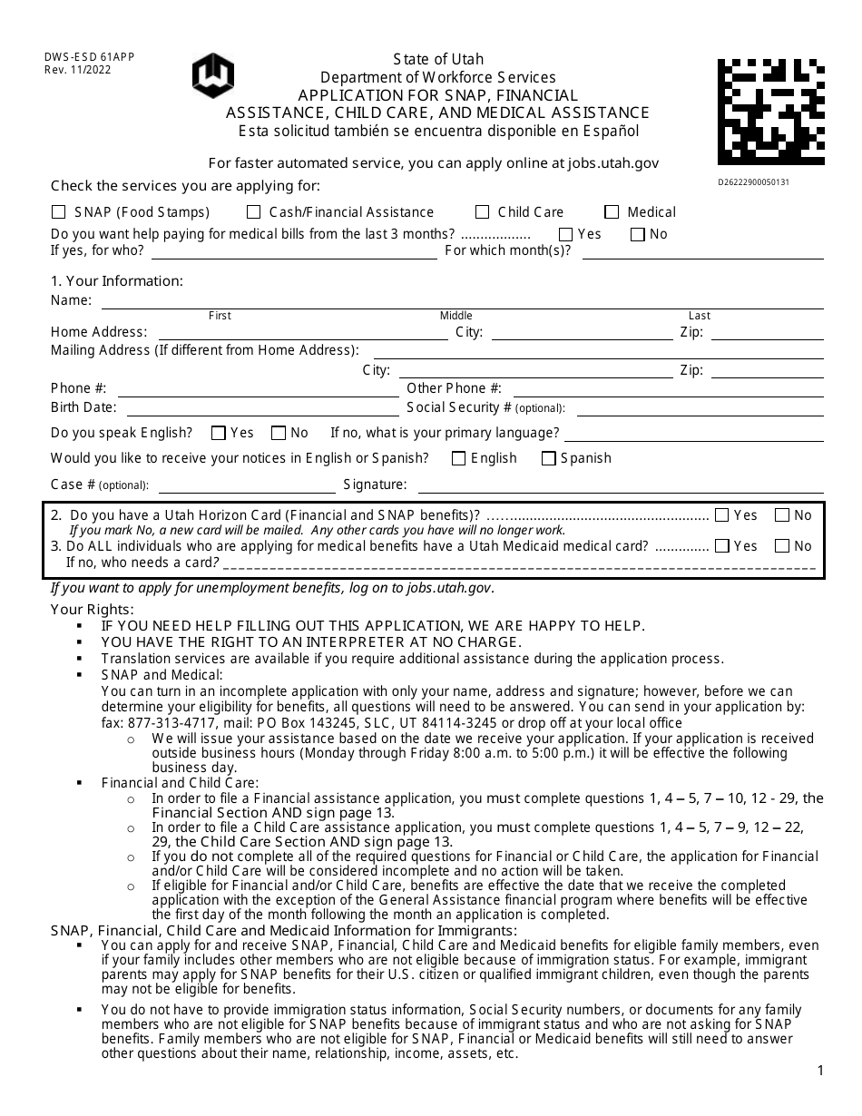 Form DWS-ESD61APP Application for Snap, Financial Assistance, Child Care, and Medical Assistance - Utah, Page 1