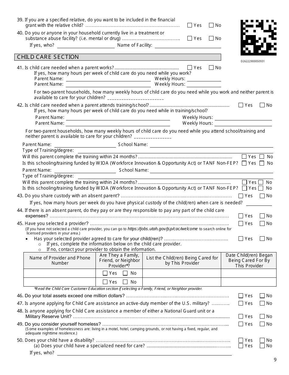Form DWS-ESD61APP Application for Snap, Financial Assistance, Child Care, and Medical Assistance - Utah, Page 9