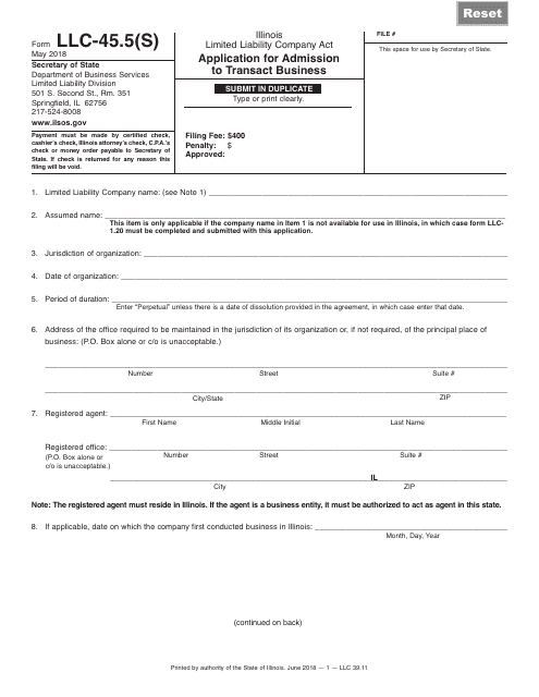 Form LLC-45.5(S) (LLC39.11) Application for Admission to Transact Business - Illinois