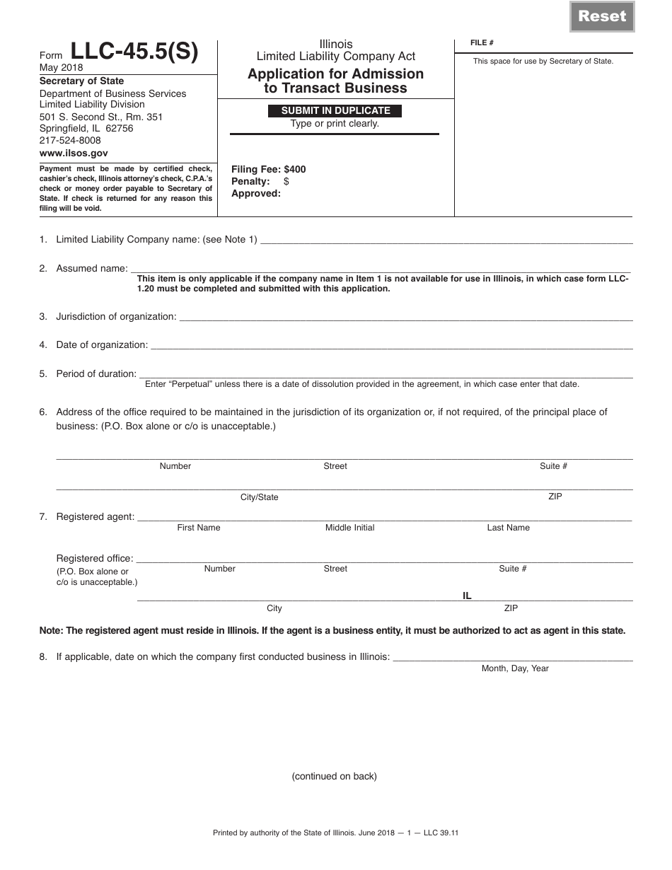 Form LLC-45.5(S) (LLC39.11) Application for Admission to Transact Business - Illinois, Page 1
