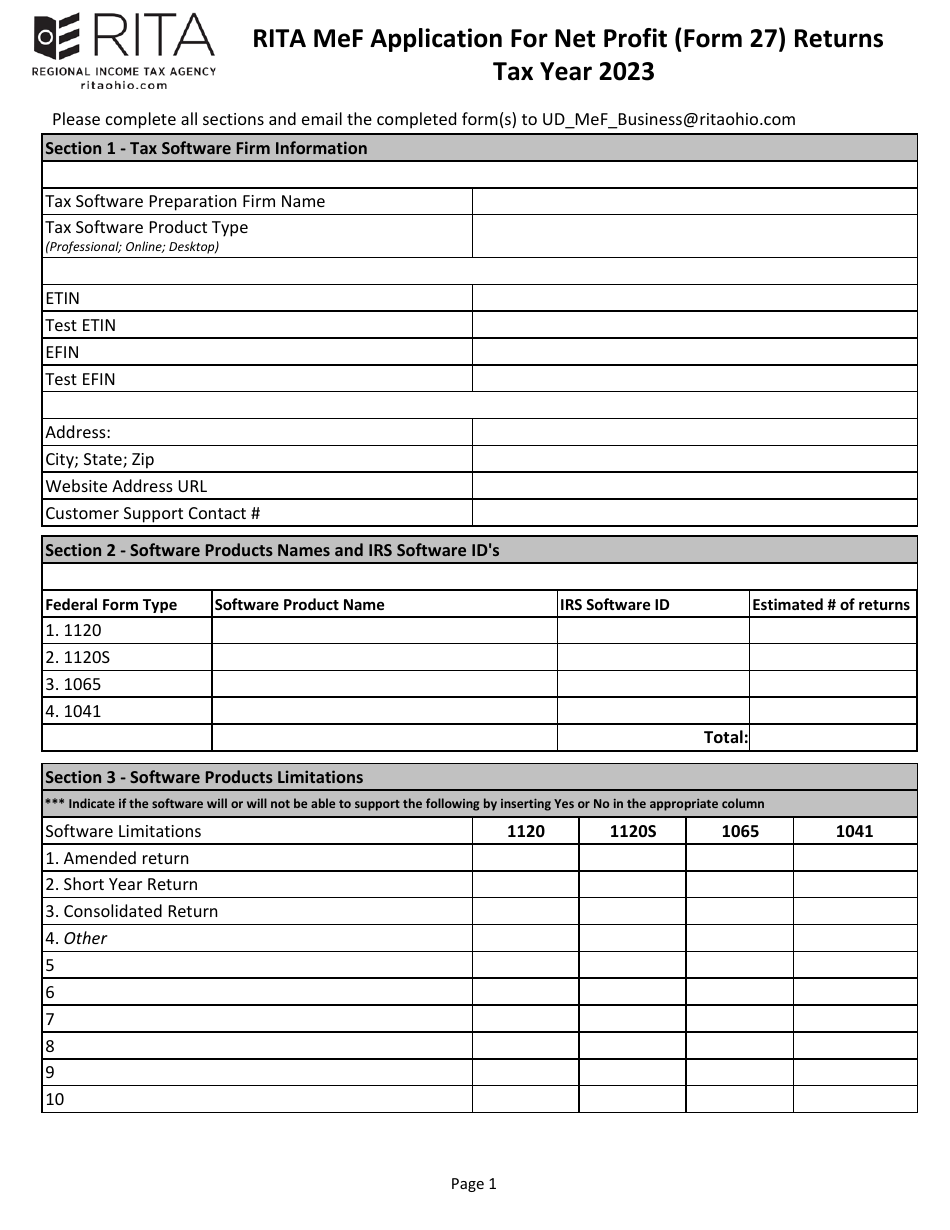 Form 27 Rita Mef Application for Net Profit Returns - Ohio, Page 1