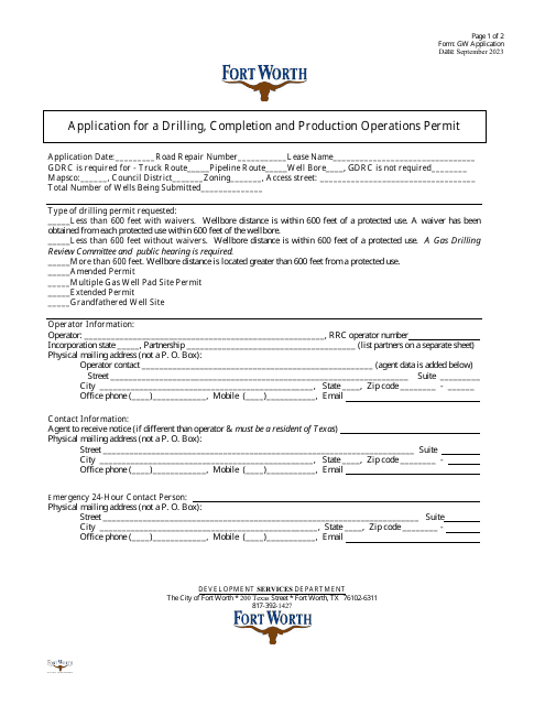 Application for a Drilling, Completion and Production Operations Permit - City of Fort Worth, Texas