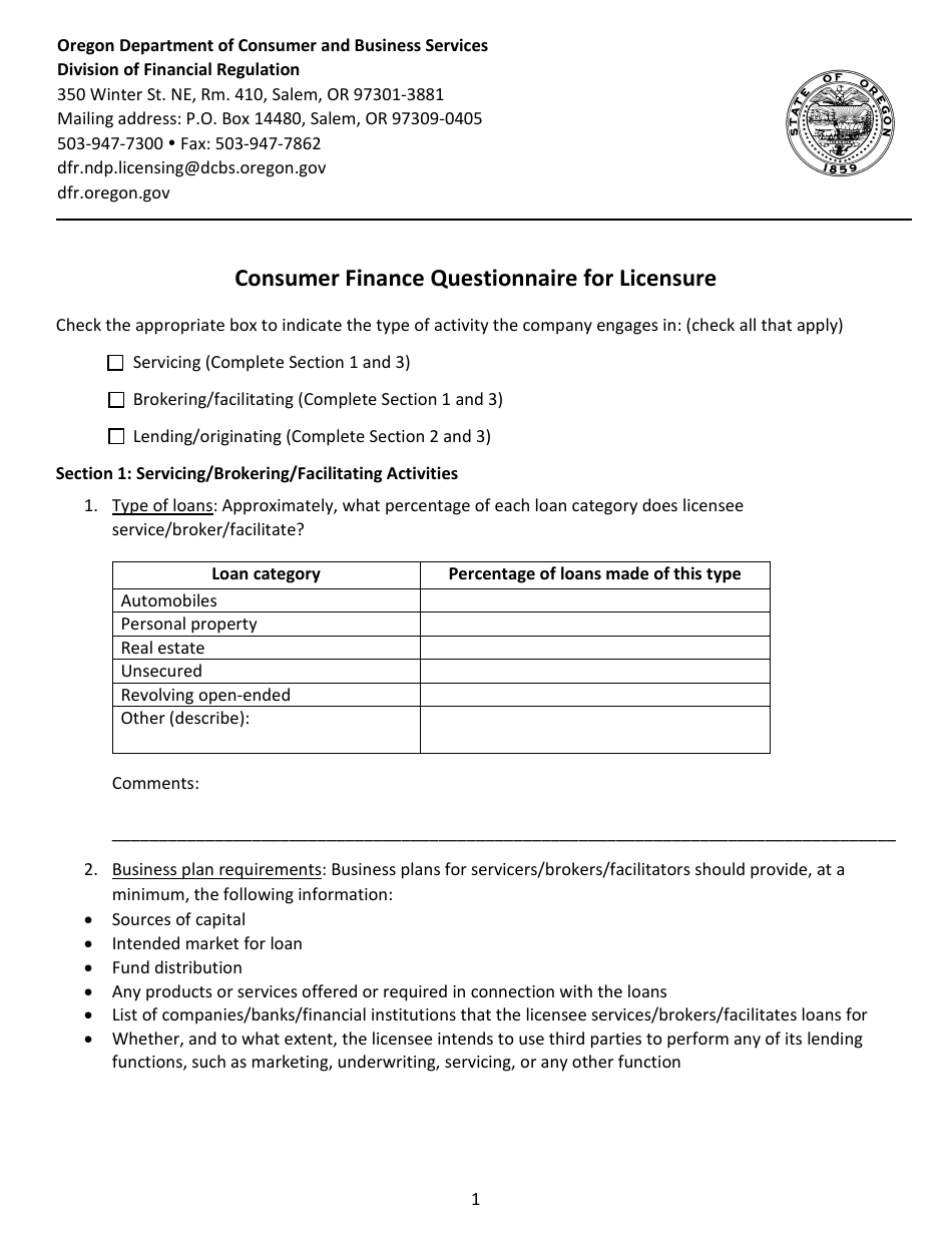 Form 440-5874 Consumer Finance Questionnaire for Licensure - Oregon, Page 1