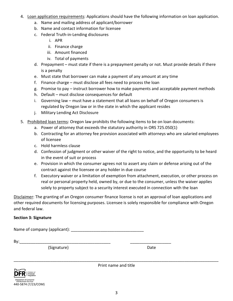 Form 440-5874 Consumer Finance Questionnaire for Licensure - Oregon, Page 3