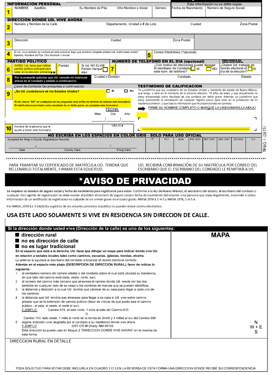 Formulario De Inscripcion De Votantes - New Mexico (Spanish), Page 1