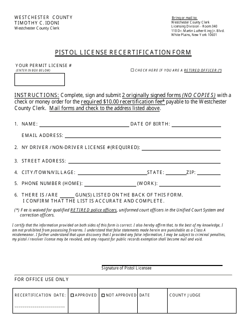 Pistol License Recertification Form - Westchester County, New York Download Pdf