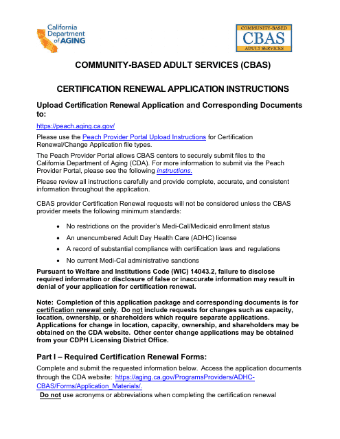 Community-Based Adult Services (Cbas) Certification Renewal Application Instructions - California Download Pdf