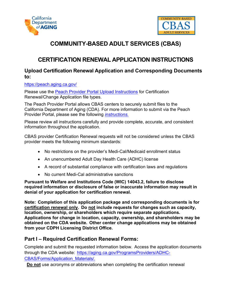 Community-Based Adult Services (Cbas) Certification Renewal Application Instructions - California, Page 1