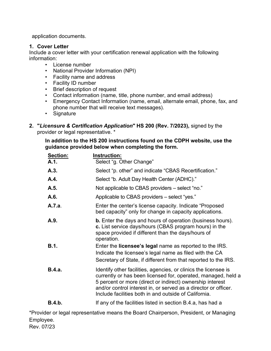 Community-Based Adult Services (Cbas) Certification Renewal Application Instructions - California, Page 2