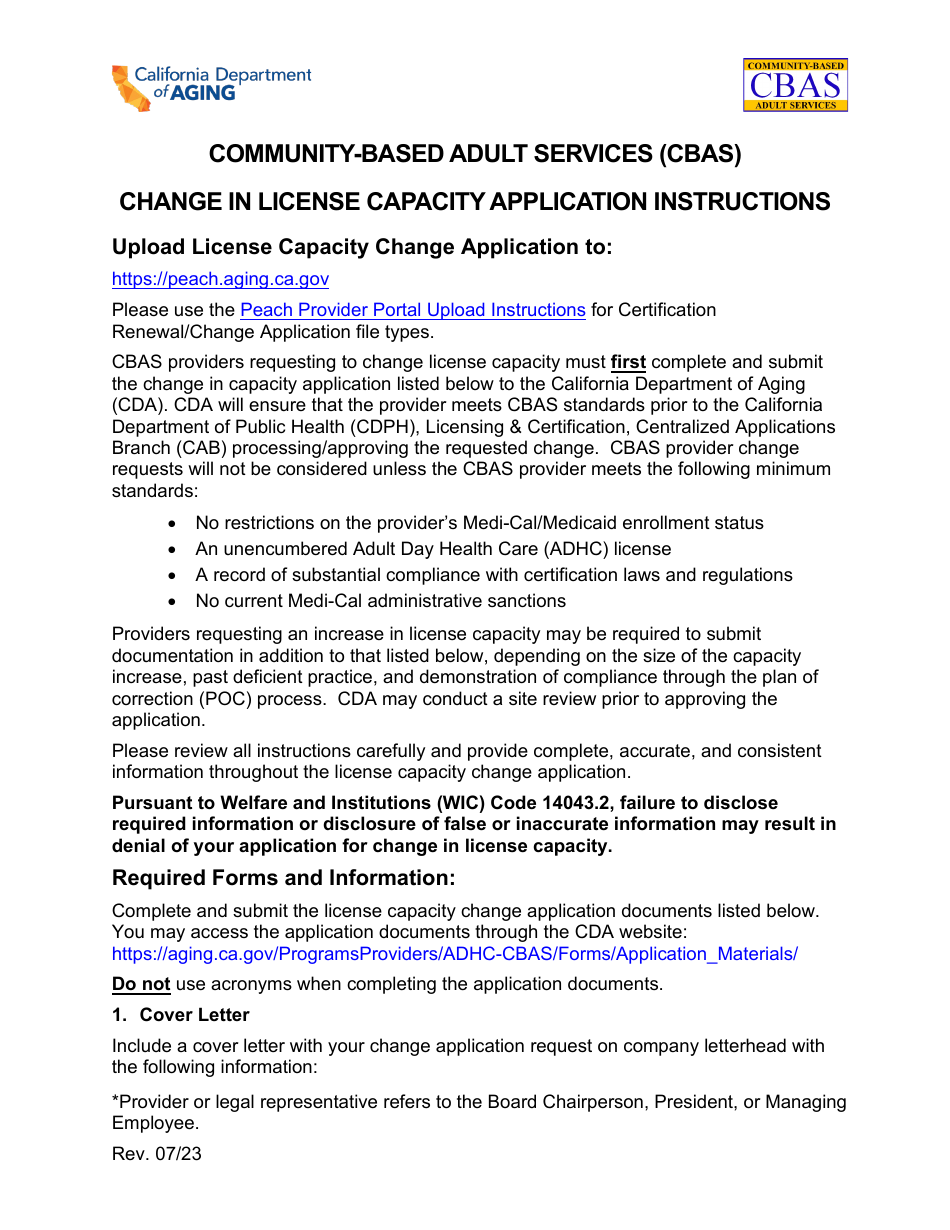 Community-Based Adult Services (Cbas) Change in License Capacity Application Instructions - California, Page 1