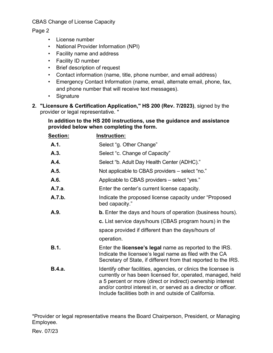 Community-Based Adult Services (Cbas) Change in License Capacity Application Instructions - California, Page 2