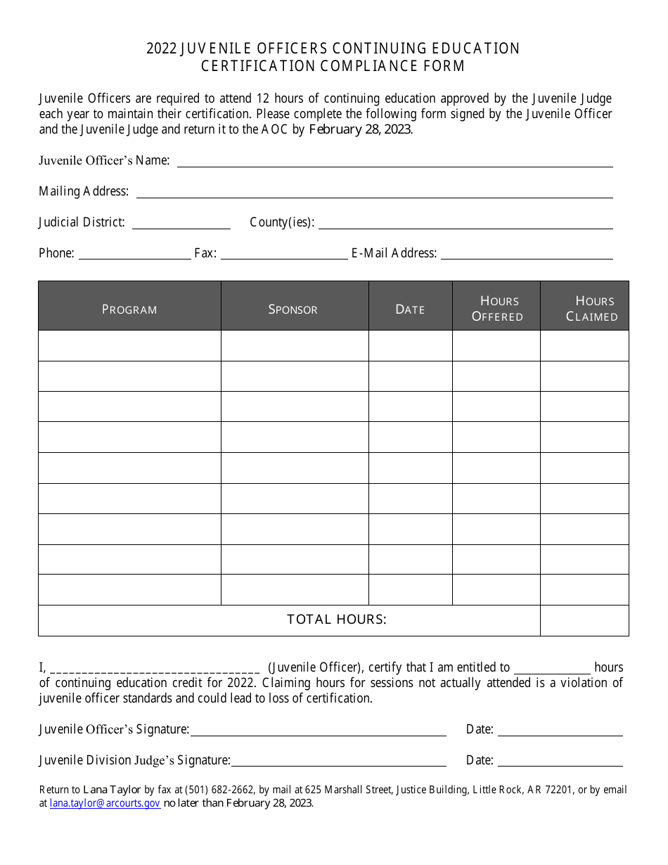 Juvenile Officers Continuing Education Certification Compliance Form - Arkansas, Page 1