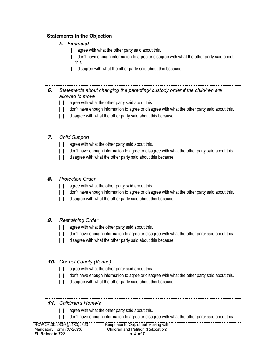 Form FL Relocate722 Response to Objection About Moving With Children and Petition About Changing a Parenting / Custody Order (Relocation) - Washington, Page 4