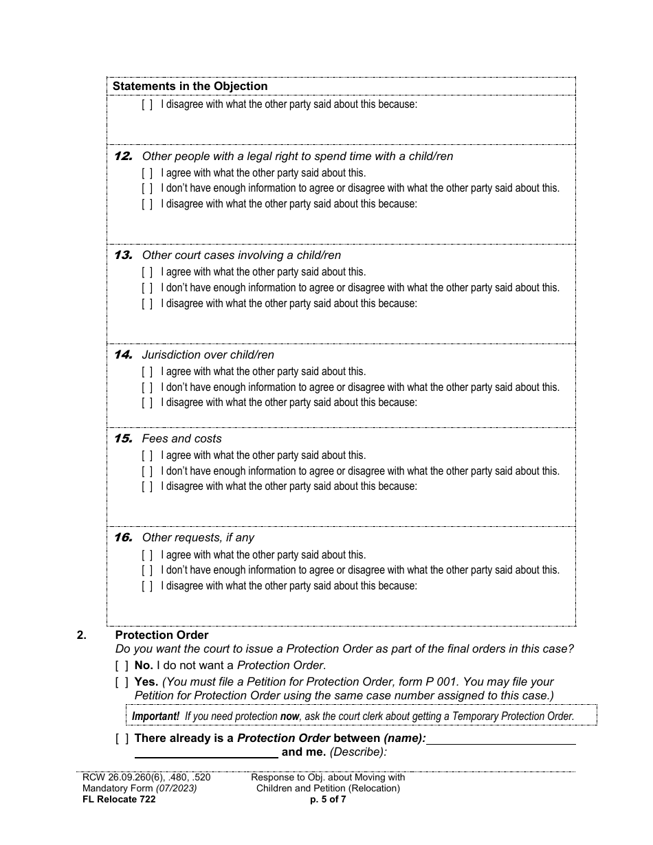 Form FL Relocate722 Response to Objection About Moving With Children and Petition About Changing a Parenting / Custody Order (Relocation) - Washington, Page 5