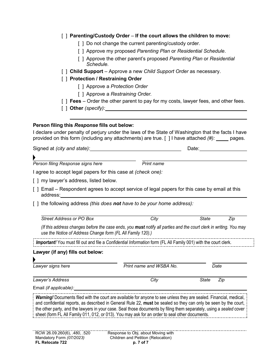 Form FL Relocate722 Response to Objection About Moving With Children and Petition About Changing a Parenting / Custody Order (Relocation) - Washington, Page 7