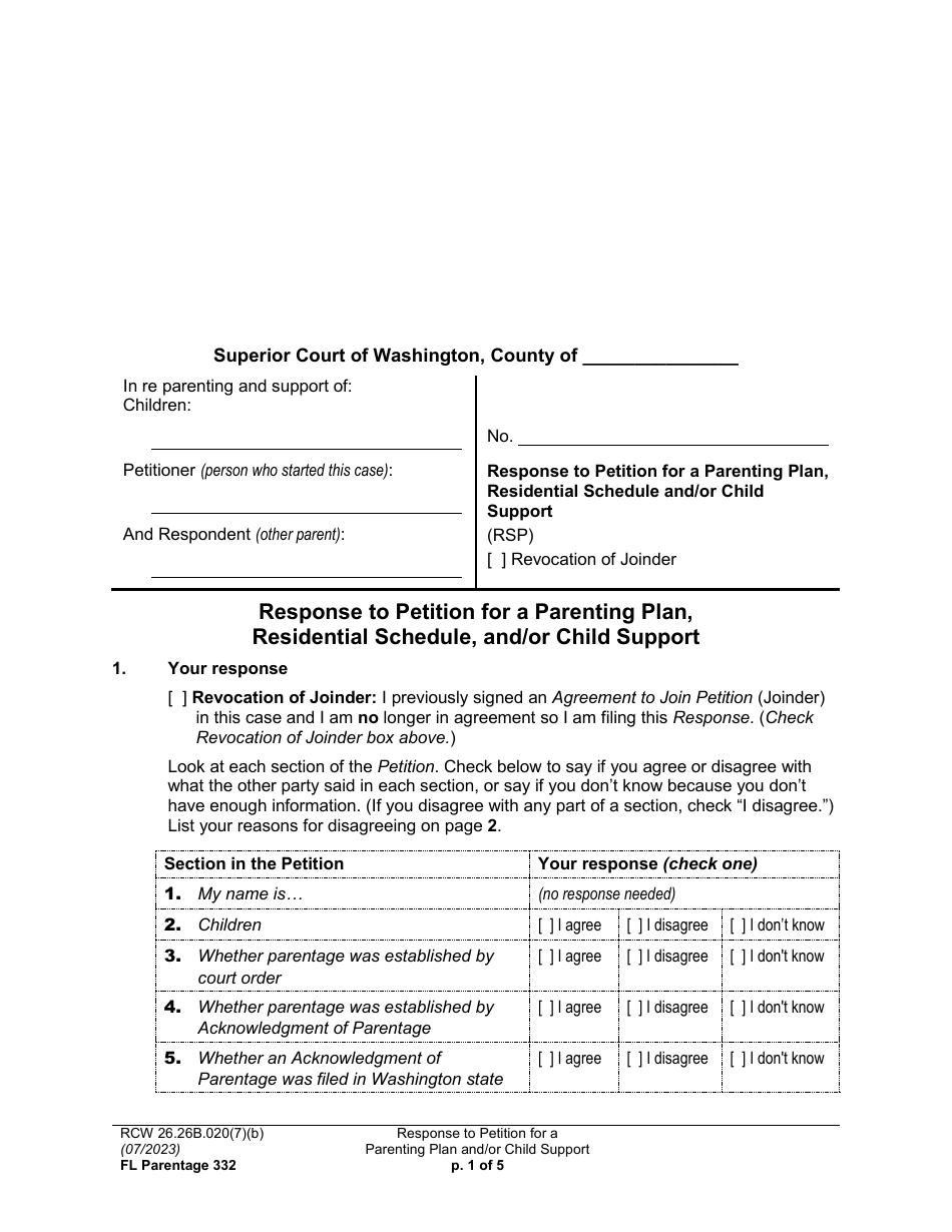 Form FL Parentage332 Response to Petition for a Parenting Plan, Residential Schedule and / or Child Support - Washington, Page 1