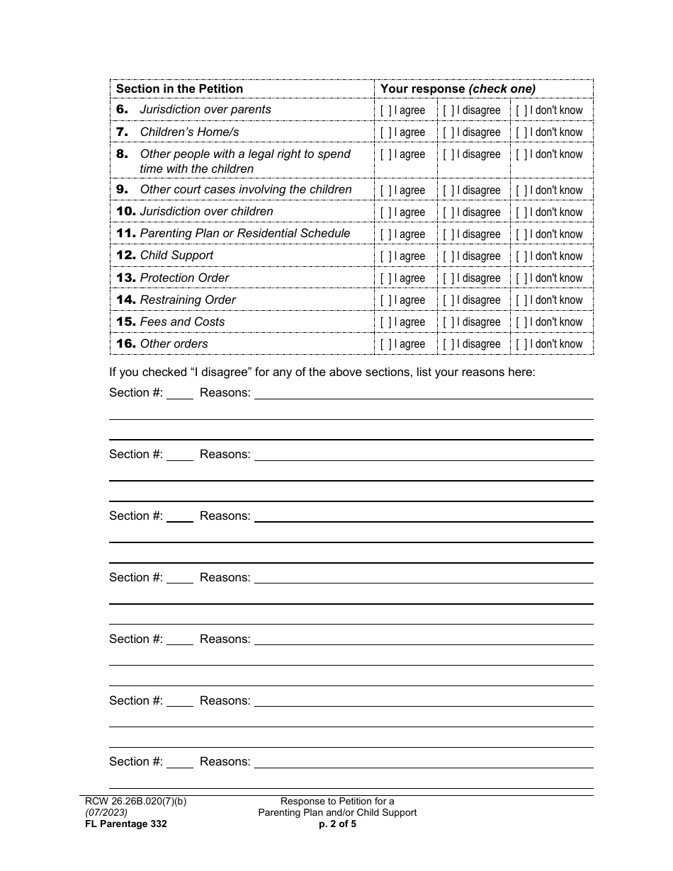 Form FL Parentage332 Response to Petition for a Parenting Plan, Residential Schedule and / or Child Support - Washington, Page 2