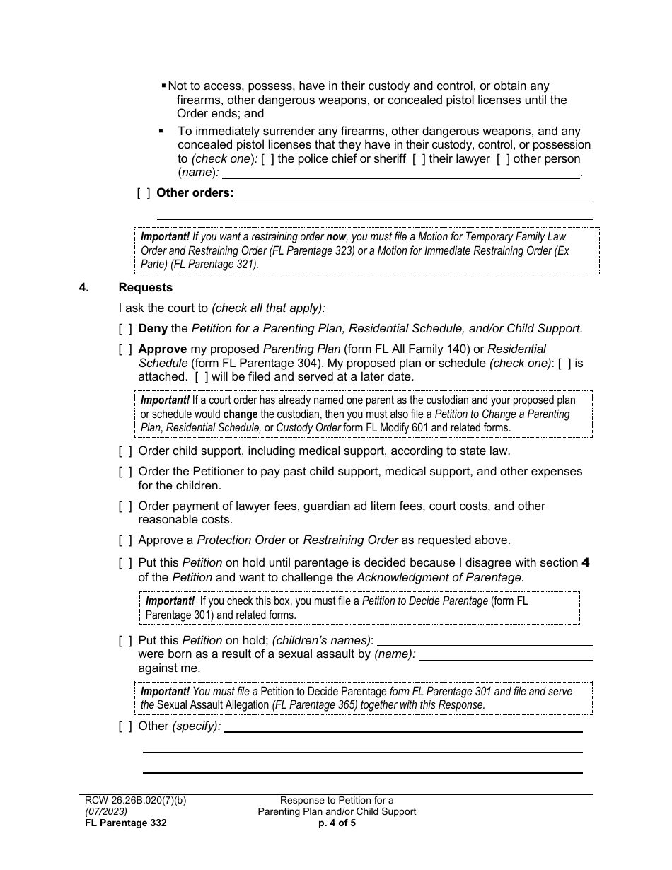 Form FL Parentage332 Response to Petition for a Parenting Plan, Residential Schedule and / or Child Support - Washington, Page 4