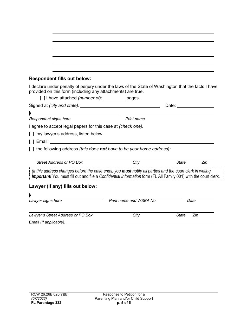 Form FL Parentage332 Response to Petition for a Parenting Plan, Residential Schedule and / or Child Support - Washington, Page 5
