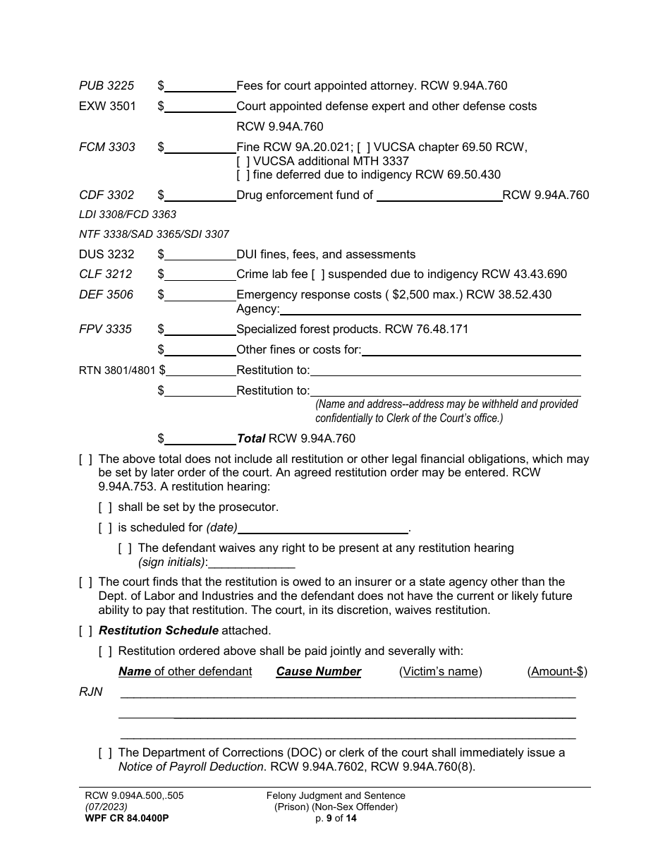 Form WPF CR84.0400P Felony Judgment and Sentence - Prison (Fjs / Rjs) - Washington, Page 9