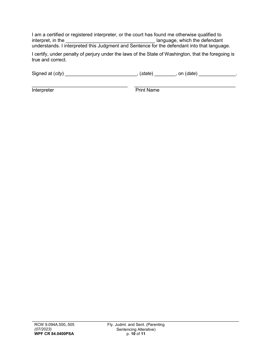 Form WPF CR84.0400PSA Felony Judgment and Sentence - Parenting Sentencing Alternative - Washington, Page 10