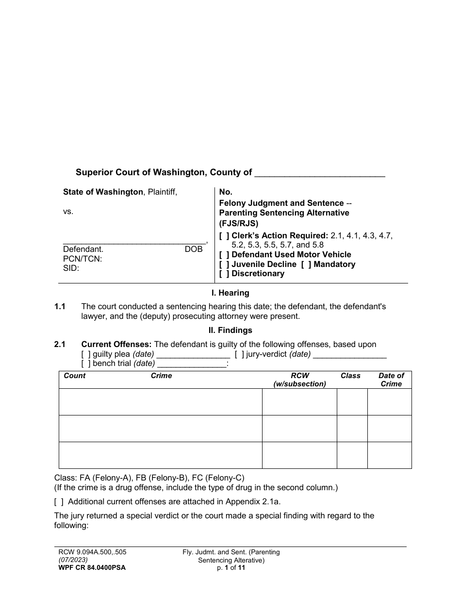 Form WPF CR84.0400PSA Felony Judgment and Sentence - Parenting Sentencing Alternative - Washington, Page 1
