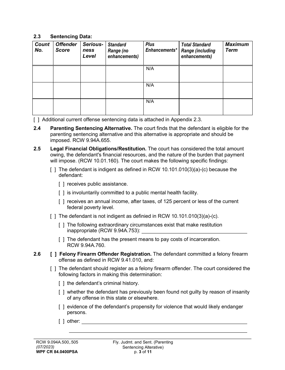 Form WPF CR84.0400PSA Felony Judgment and Sentence - Parenting Sentencing Alternative - Washington, Page 3
