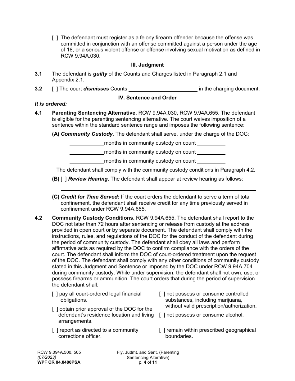 Form WPF CR84.0400PSA Felony Judgment and Sentence - Parenting Sentencing Alternative - Washington, Page 4