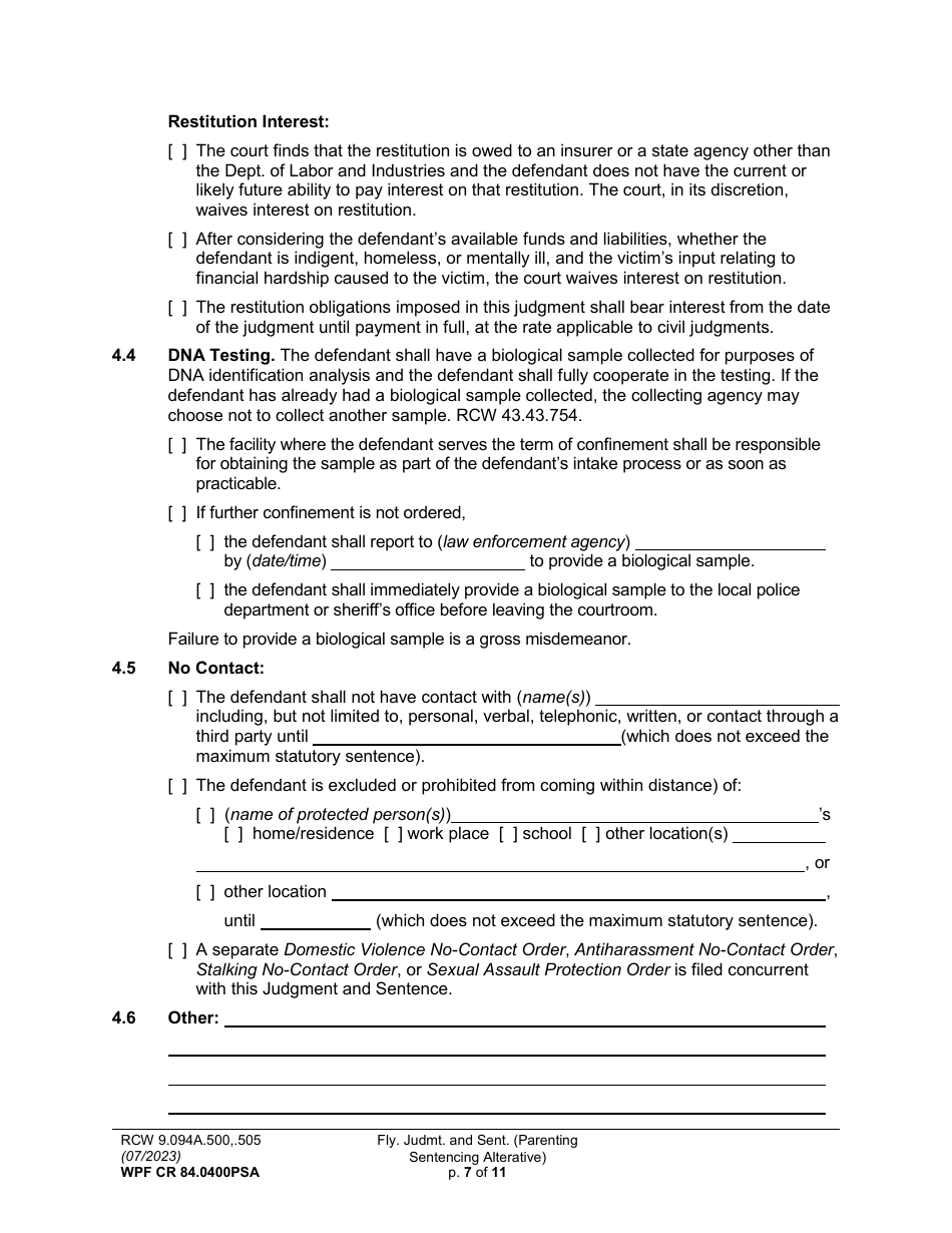 Form WPF CR84.0400PSA Felony Judgment and Sentence - Parenting Sentencing Alternative - Washington, Page 7